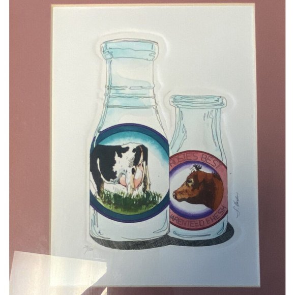 Darlene Hardie Cow Milk Bottle Etching Print Colored Framed Signed‎ Farmhouse - Picture 2 of 11